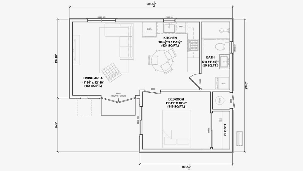 One bedroom unit 553 floor plan.