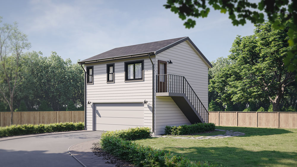 One bedroom model 528 over a garage with a gable roof.