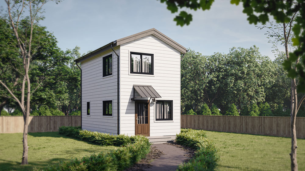 One bedroom model 598 over a garage with a gable roof.