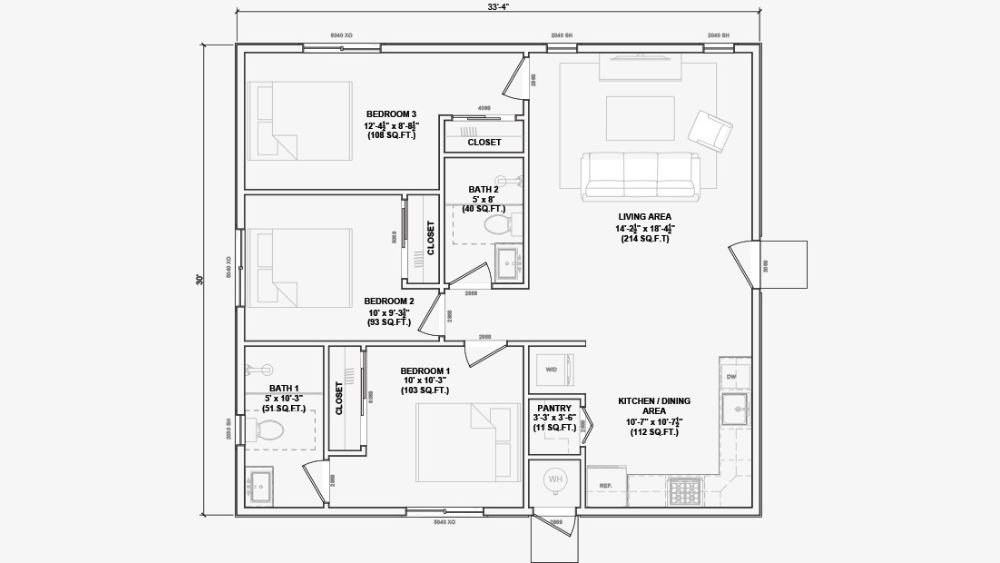 Three bedroom unit 1000 floor plan.