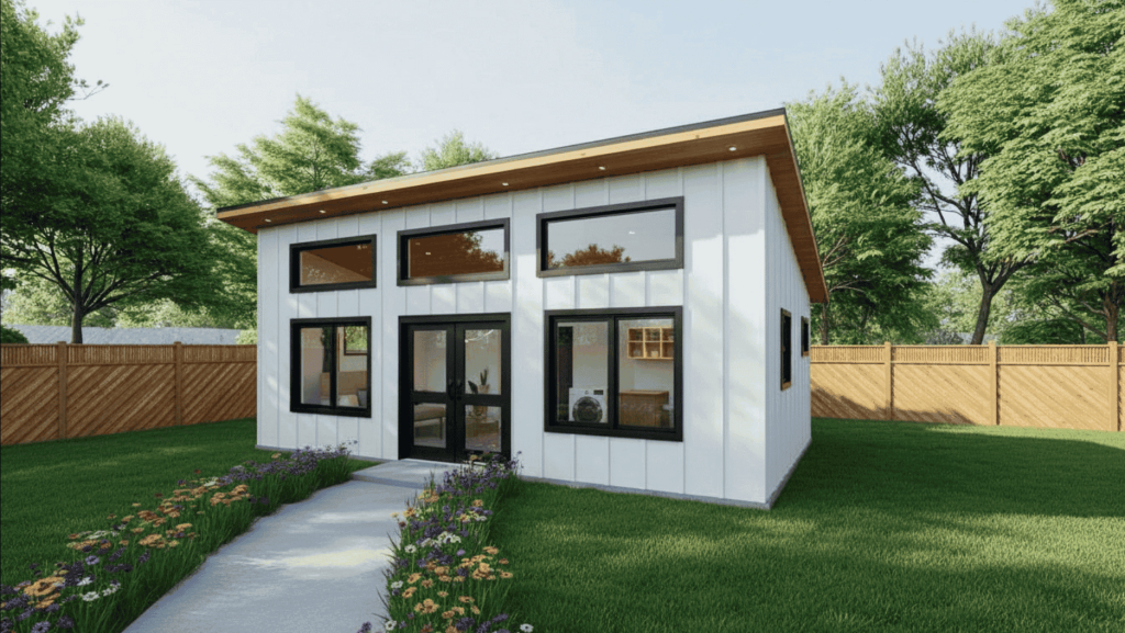 The Avery 448 modern tiny home plan, which features a studio layout with 1 bath.