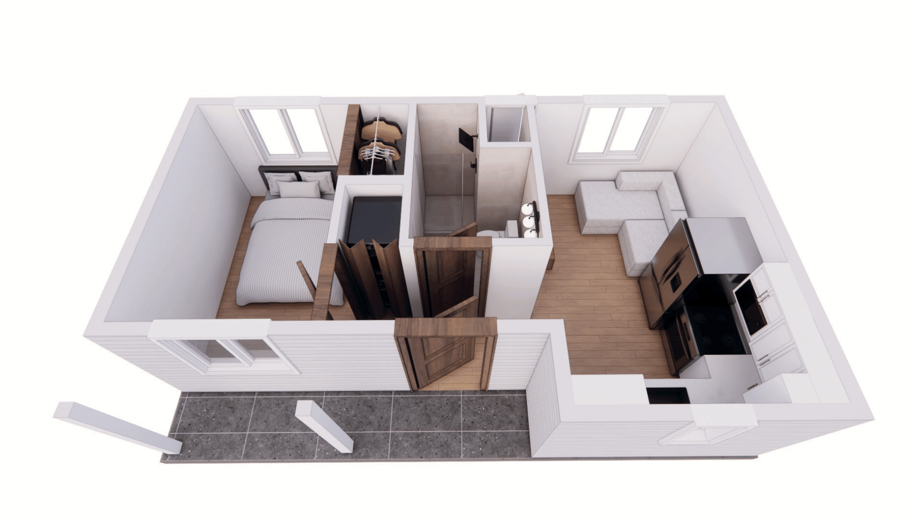 The Bouldin 363 tiny home dollhouse, which features a 1 bedroom layout with 1 bath.