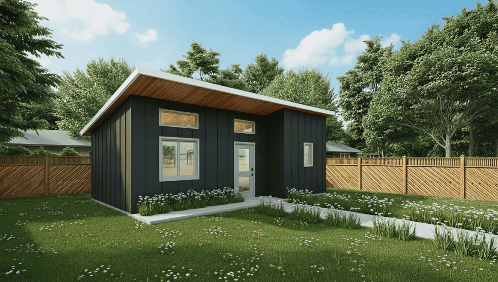 The Bouldin 363 modern tiny home plan, which features a 1 bedroom layout with 1 bath.