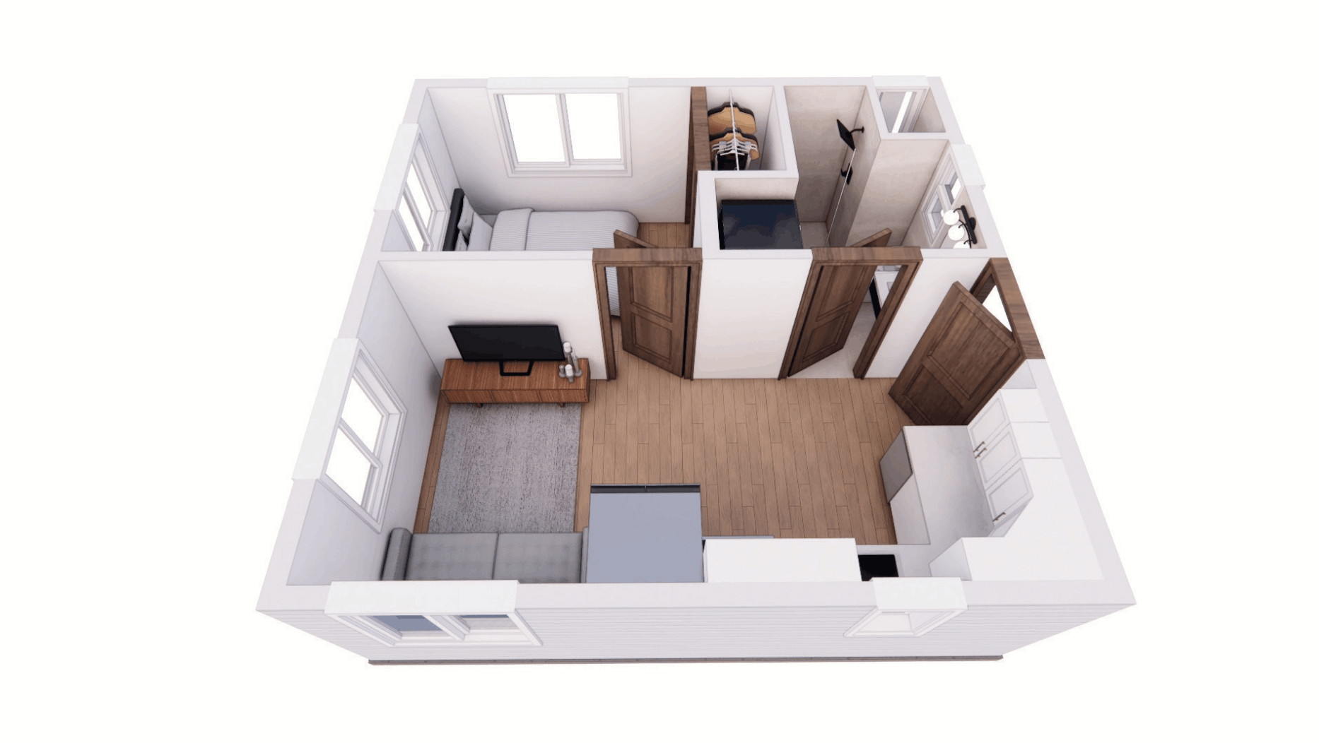The Bouldin 371 tiny home dollhouse, which features a 1 bedroom layout with 1 bath.