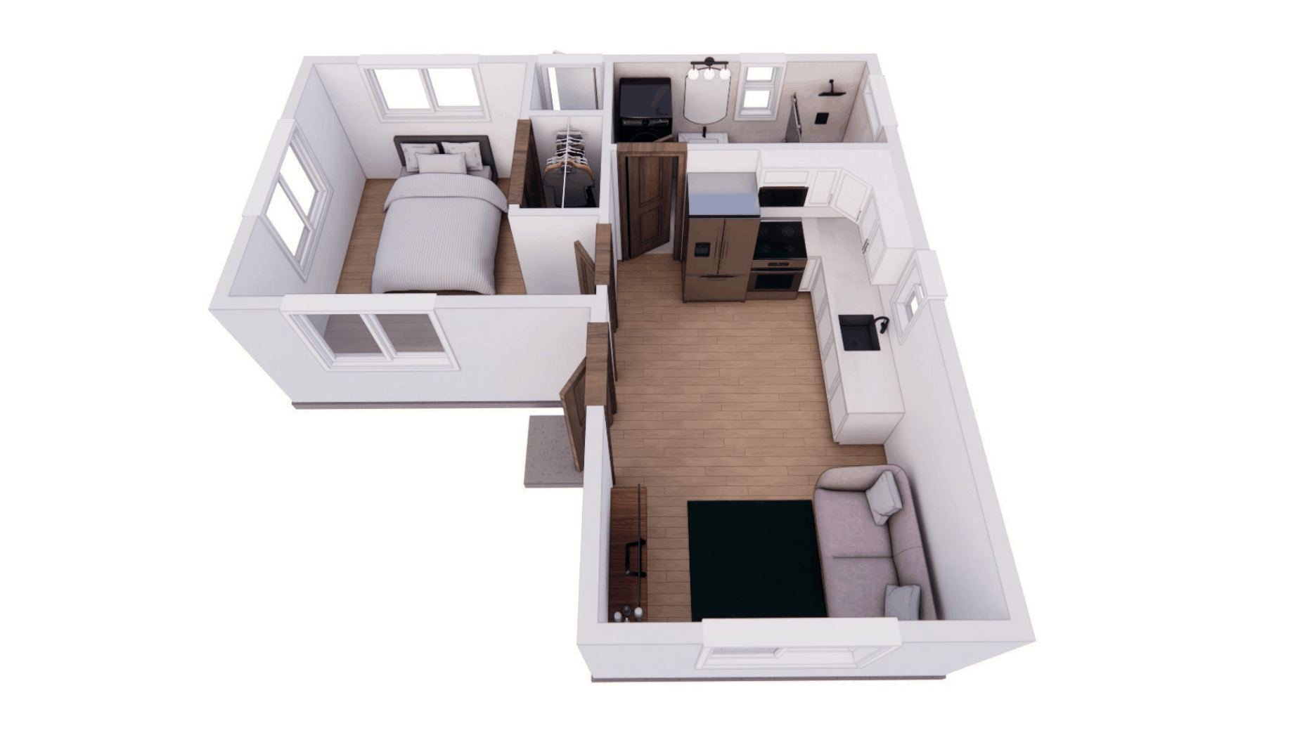 The Bouldin 436 tiny home dollhouse, which features a 1 bedroom layout with 1 bath.
