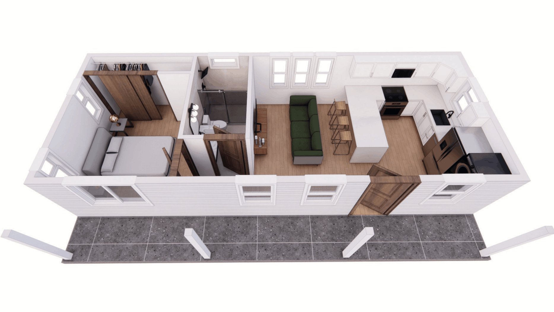 The Bouldin 512 tiny home dollhouse, which features a 1 bedroom layout with 1 bath.