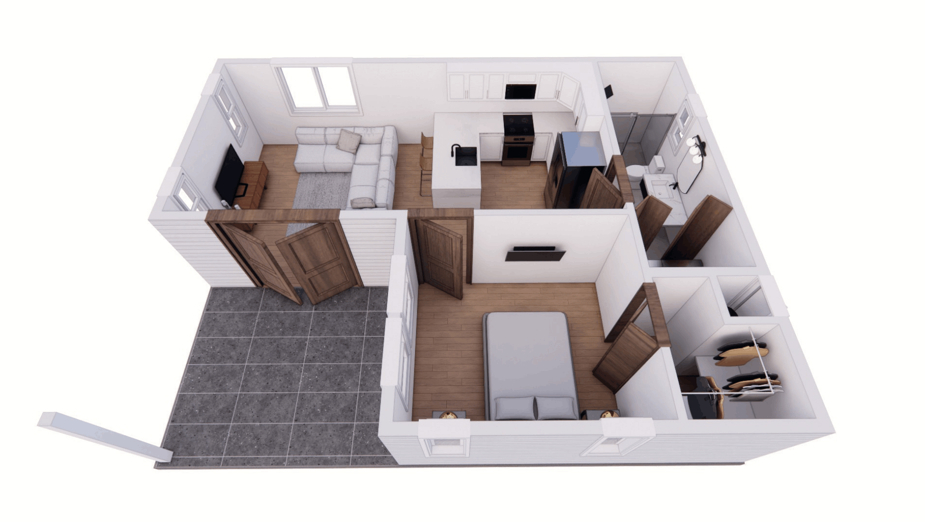 The Bouldin 565 tiny home dollhouse, which features a 1 bedroom layout with 1 bath.