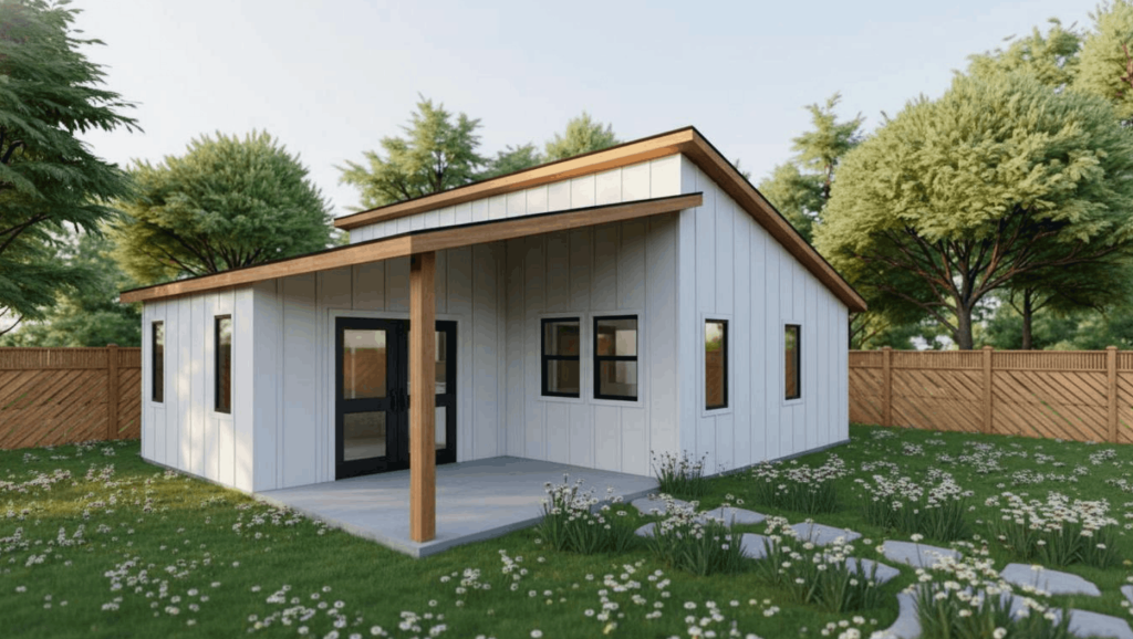 The Bouldin 565 modern tiny home plan, which features a 1 bedroom layout with 1 bath.