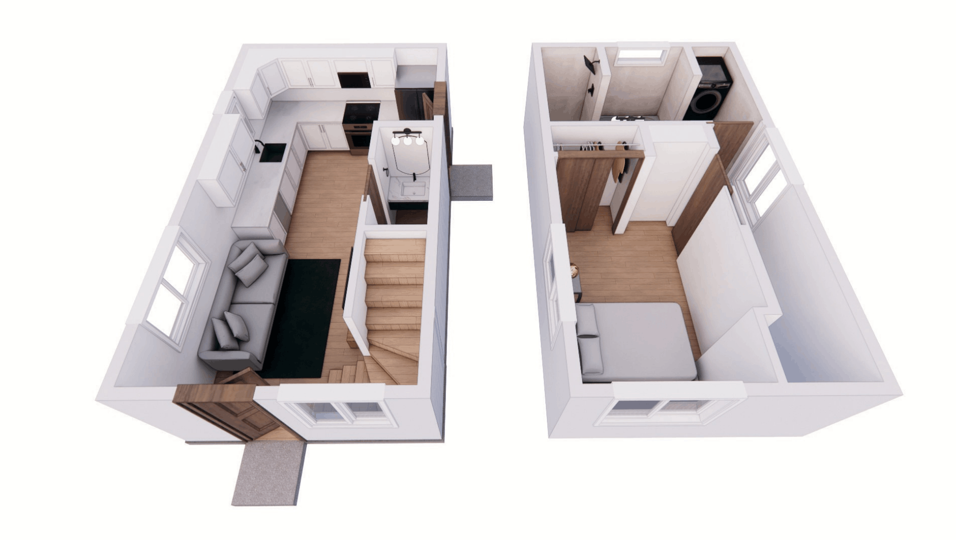 The Bouldin 598 tiny home dollhouse, which features a 1 bedroom layout with 1 bath.