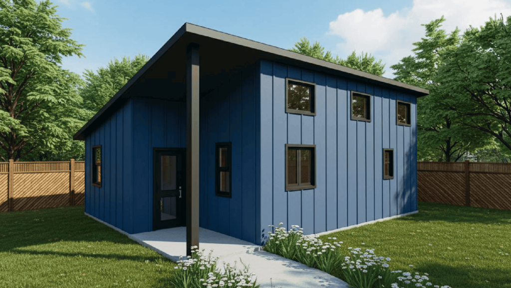 The Bouldin 609 modern tiny home plan, which features a 1 bedroom layout with 1 bath.