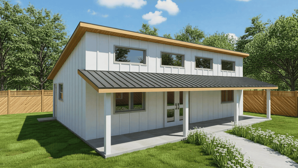 The Bouldin 749 modern tiny home plan, which features a 1 bedroom layout with 1 bath.