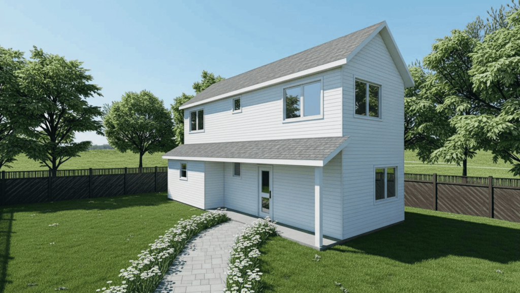 The Cherrywood 1000 classic tiny home plan, which features a 2 bedroom layout with 2 baths.