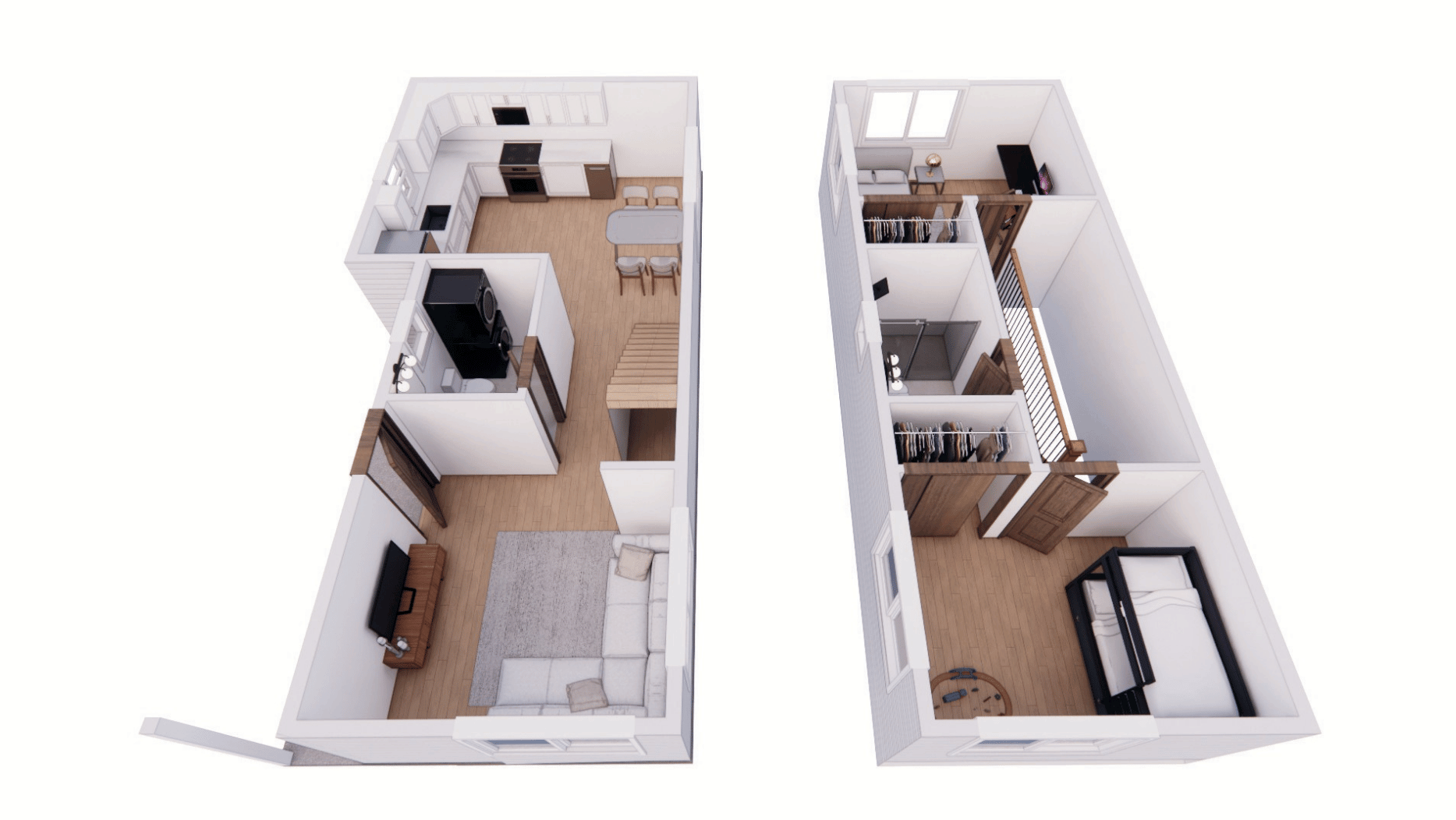 The Cherrywood 1000 tiny home dollhouse, which features a 2 bedroom layout with 2 baths.