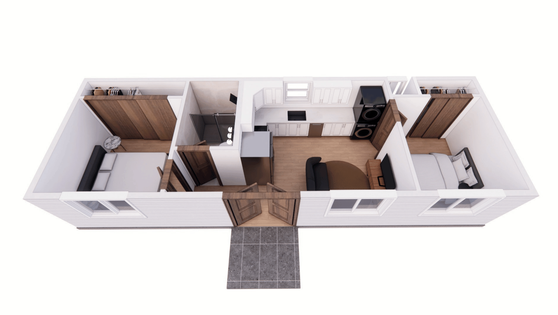 The Cherrywood 535 tiny home dollhouse, which features a 2 bedroom layout with 1 bath.