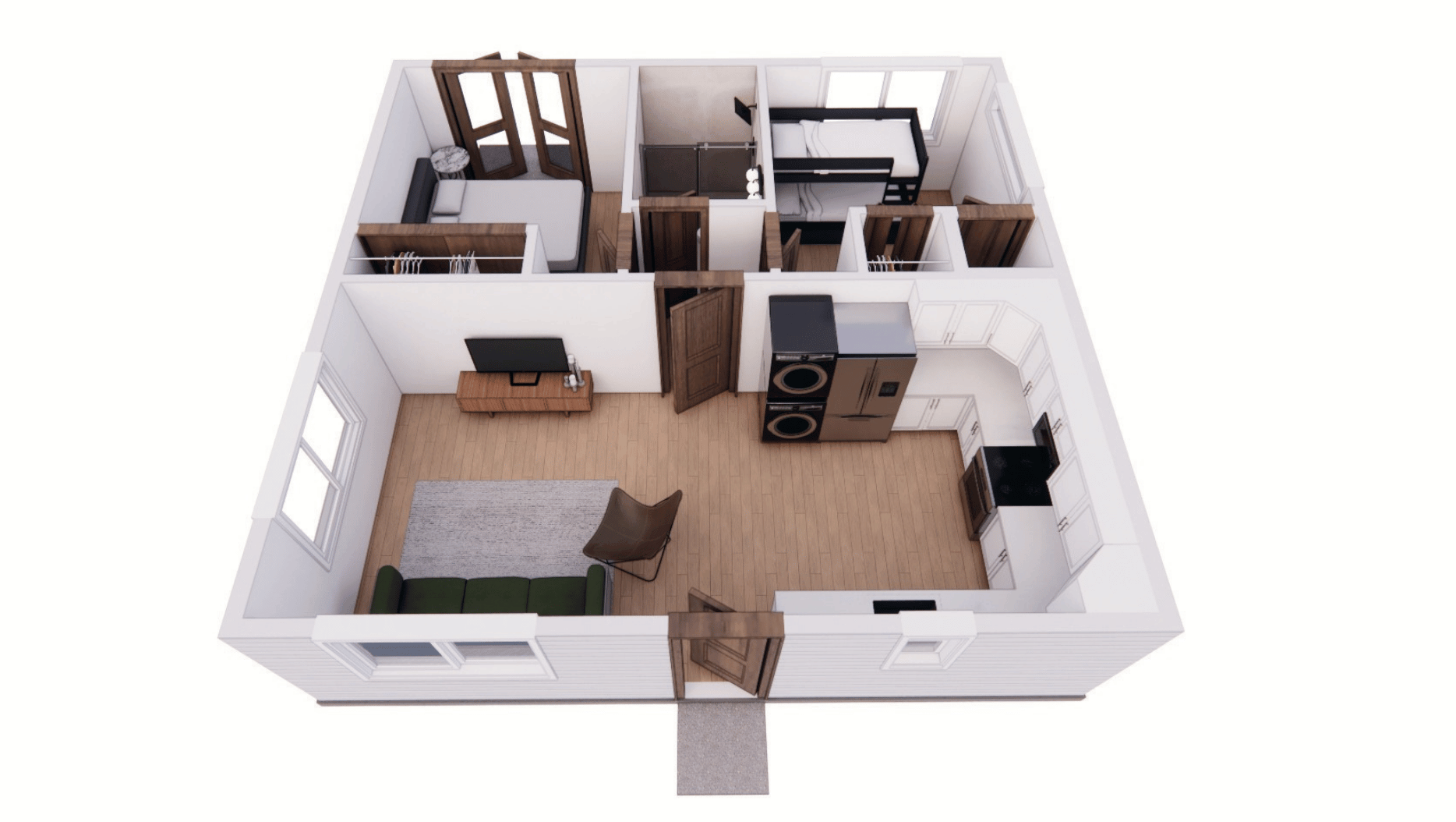 The Cherrywood 650 tiny home dollhouse, which features a 2 bedroom layout with 1 bath.