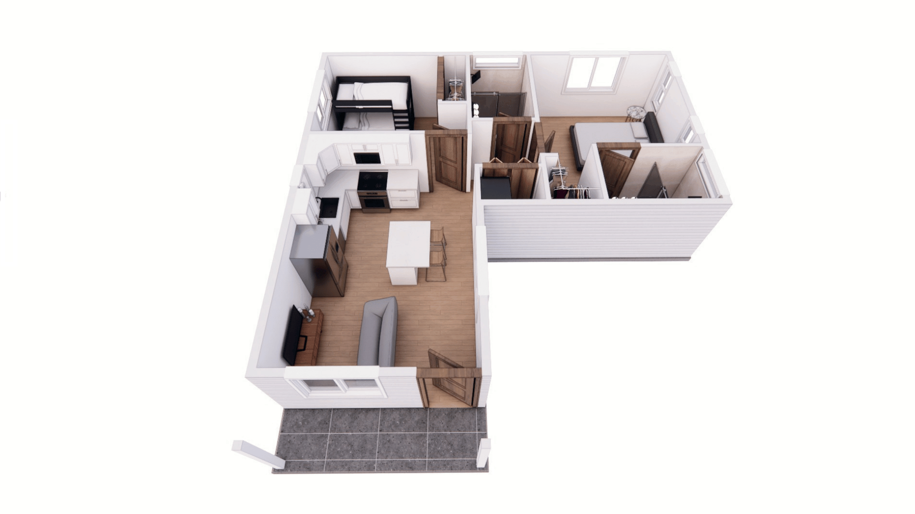 The Cherrywood 700 tiny home dollhouse, which features a 2 bedroom layout with 1 bath.