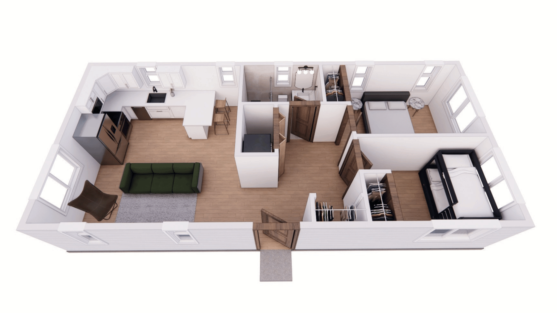 The Cherrywood 720 tiny home dollhouse, which features a 2 bedroom layout with 1 bath.