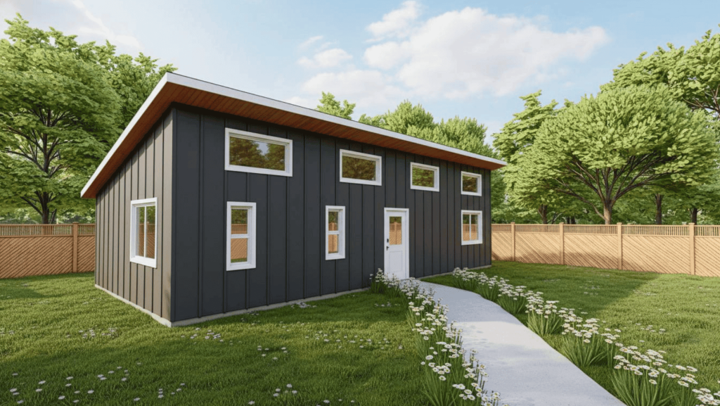 The Cherrywood 720 modern tiny home plan, which features a 2 bedroom layout with 1 bath.