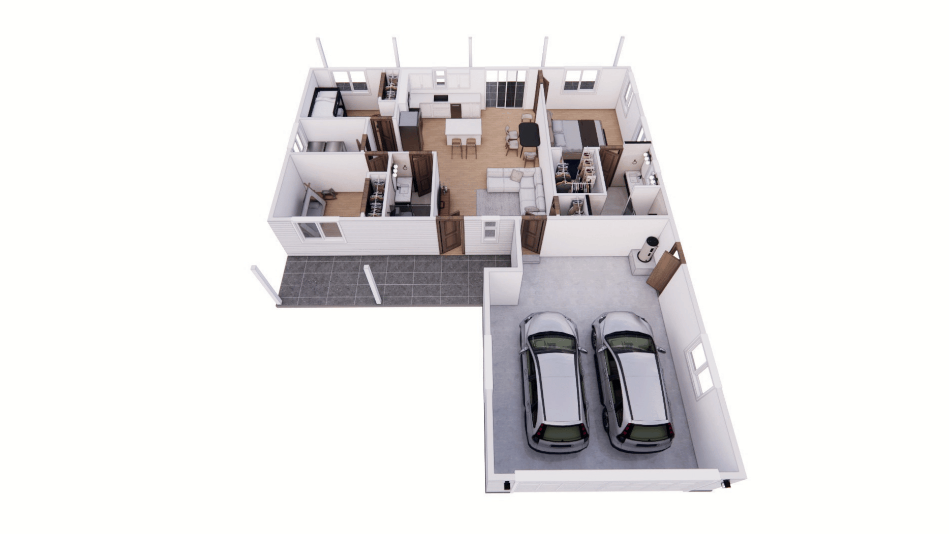 The Dawson 1200 2G tiny home dollhouse, which features a 2 bedroom layout with 1 bath.